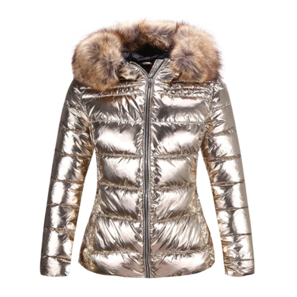 Light Gold Lightweight Puffer Jacket Warm Coat Hooded Fur